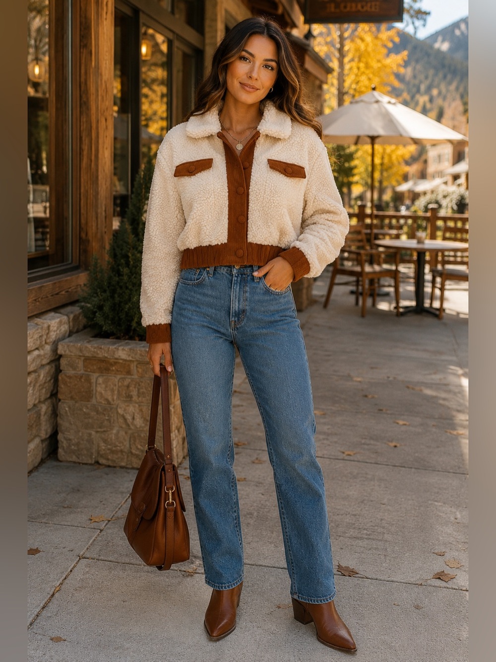 Lush Sherpa Teddy Jacket Cream Brown Corduroy Trim Button Front Cropped Womens
